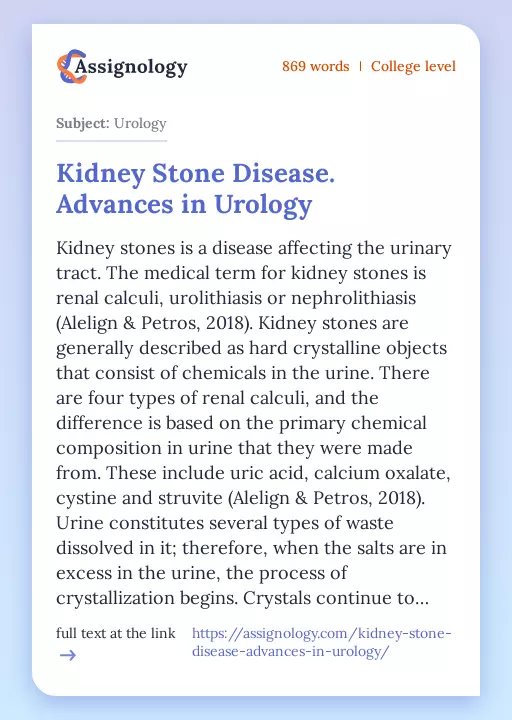 Kidney Stone Disease. Advances in Urology - Essay Preview