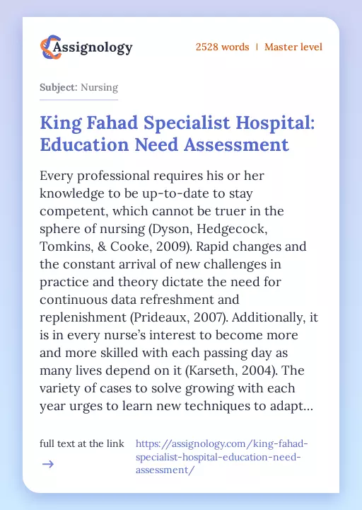 King Fahad Specialist Hospital: Education Need Assessment - Essay Preview