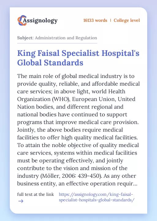 King Faisal Specialist Hospital's Global Standards - Essay Preview