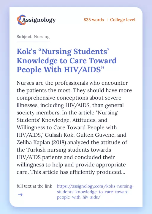 Kok's “Nursing Students’ Knowledge to Care Toward People With HIV/AIDS” - Essay Preview