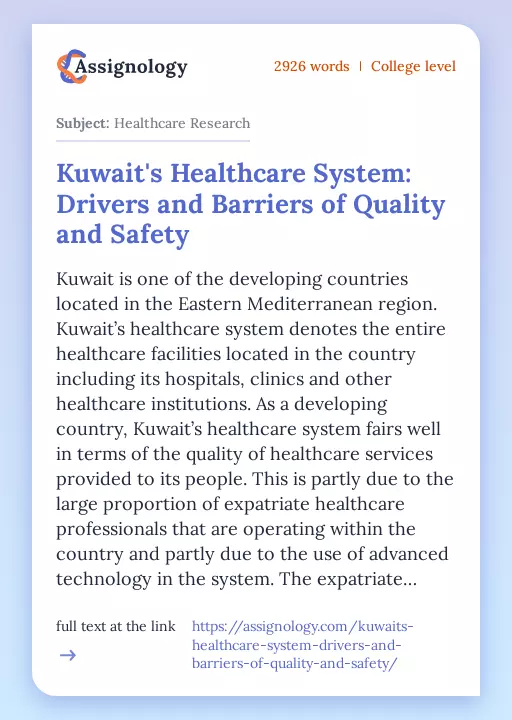 Kuwait's Healthcare System: Drivers and Barriers of Quality and Safety - Essay Preview