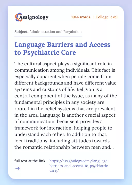 Language Barriers and Access to Psychiatric Care - Essay Preview