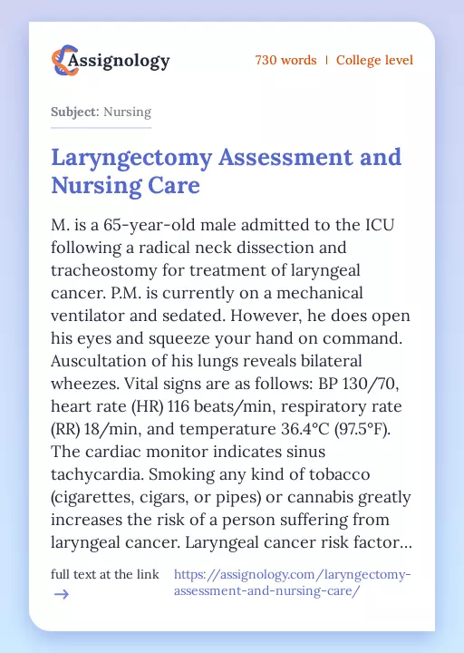 Laryngectomy Assessment and Nursing Care - Essay Preview