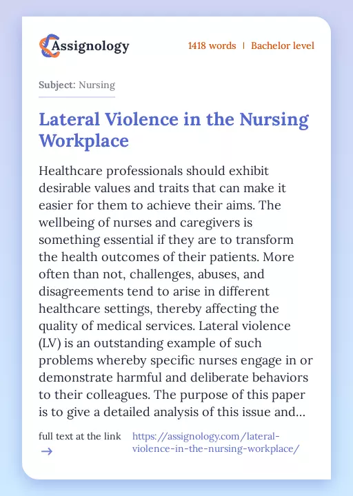 Lateral Violence in the Nursing Workplace - Essay Preview