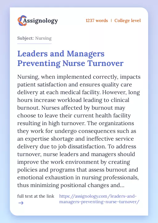 Leaders and Managers Preventing Nurse Turnover - Essay Preview