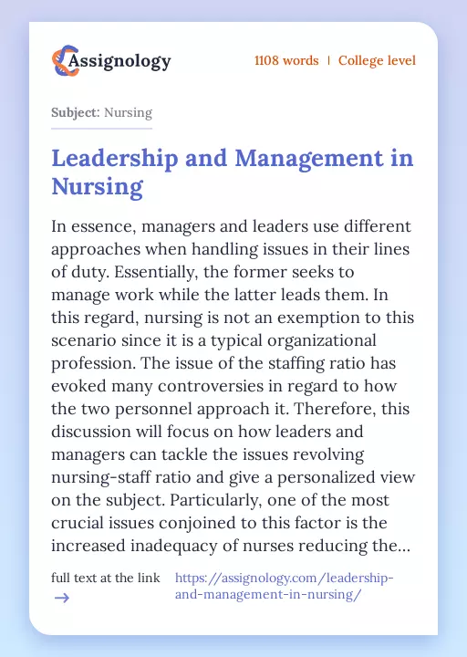 Leadership and Management in Nursing - Essay Preview