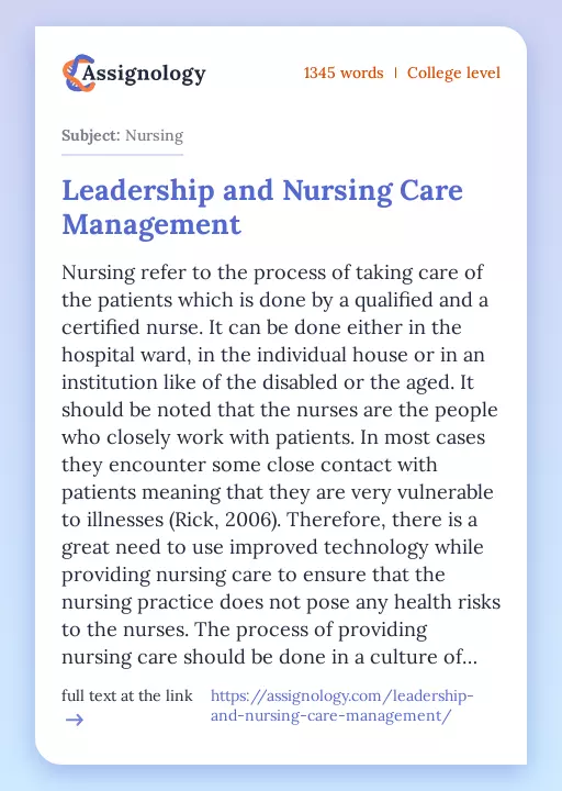 Leadership and Nursing Care Management - Essay Preview
