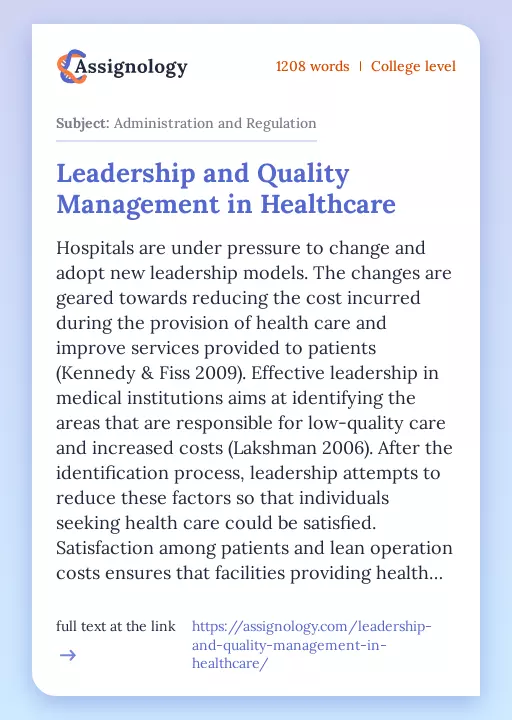 Leadership and Quality Management in Healthcare - Essay Preview