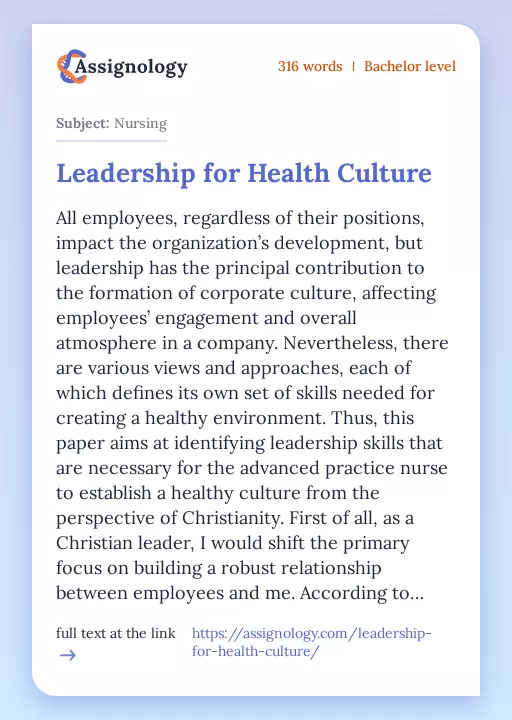 Leadership for Health Culture - Essay Preview