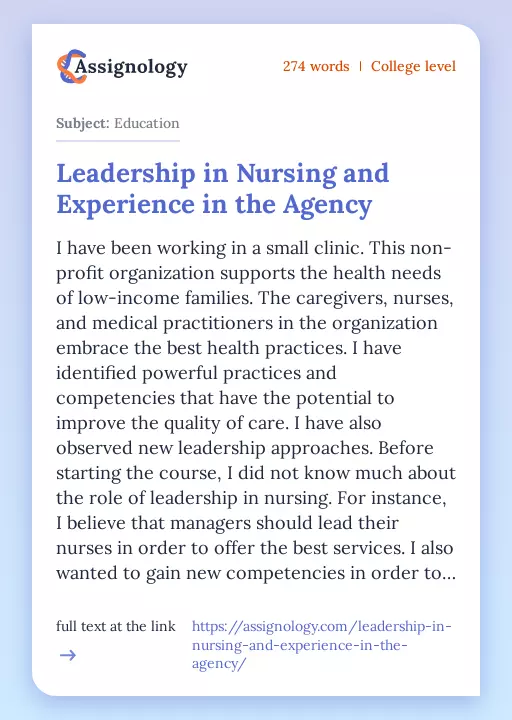 Leadership in Nursing and Experience in the Agency - Essay Preview