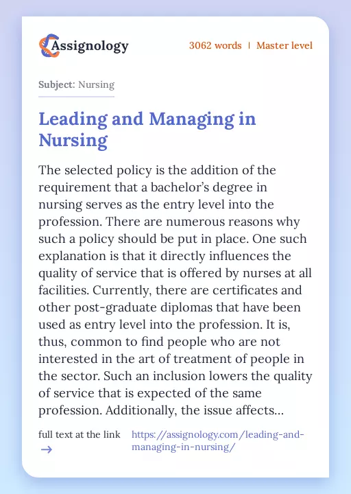 Leading and Managing in Nursing - Essay Preview