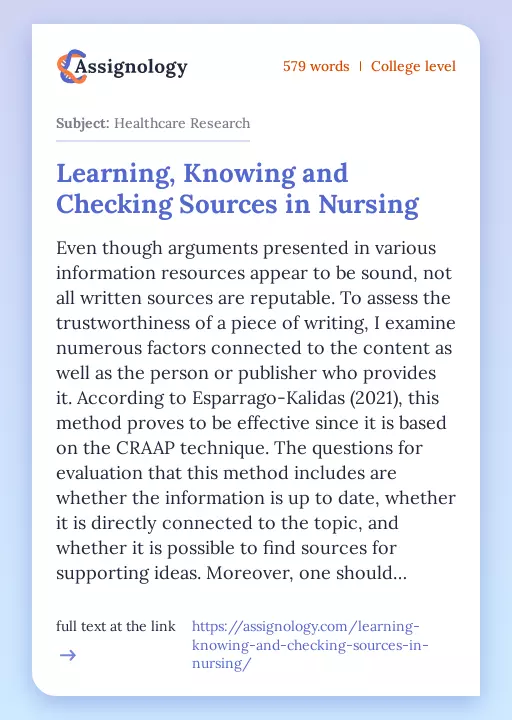 Learning, Knowing and Checking Sources in Nursing - Essay Preview
