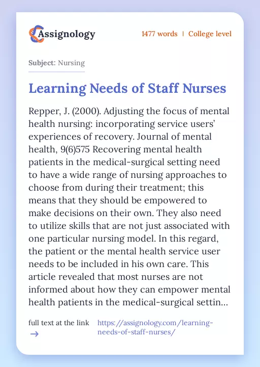Learning Needs of Staff Nurses - Essay Preview