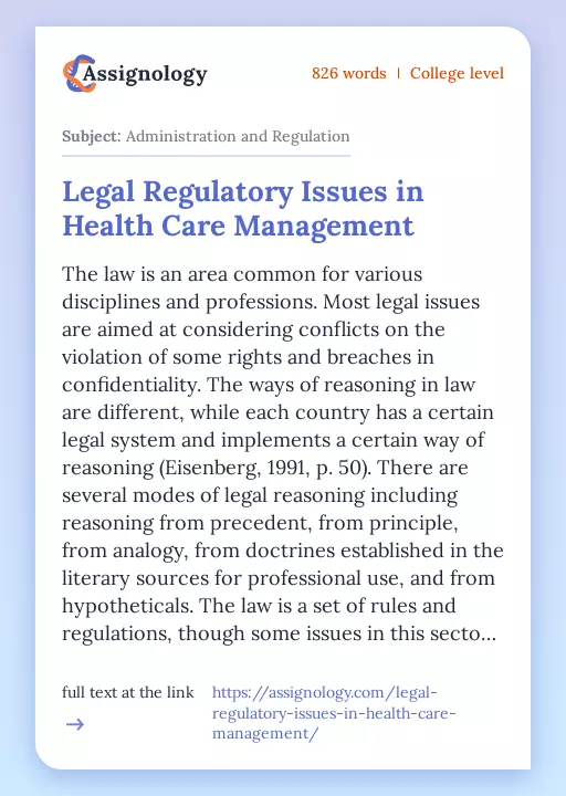 Legal Regulatory Issues in Health Care Management - Essay Preview