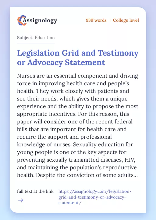 Legislation Grid and Testimony or Advocacy Statement - Essay Preview