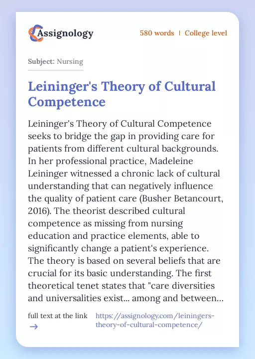 Leininger's Theory of Cultural Competence - Essay Preview
