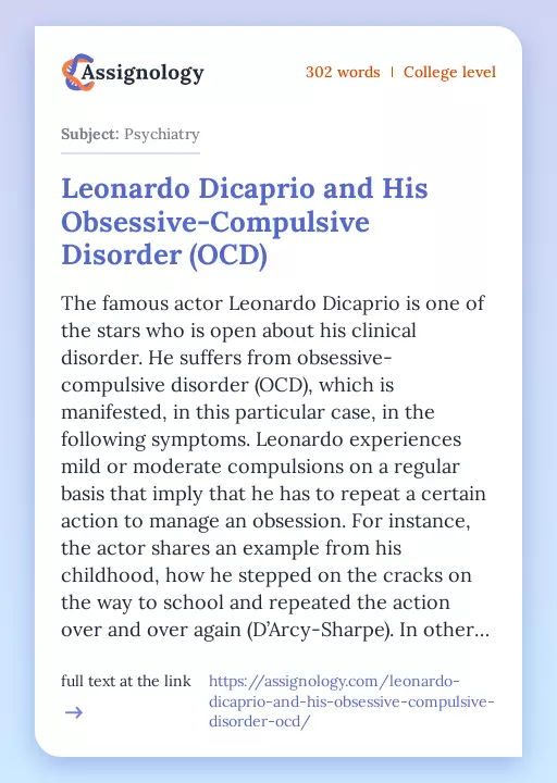 Leonardo Dicaprio and His Obsessive-Compulsive Disorder (OCD) - Essay Preview