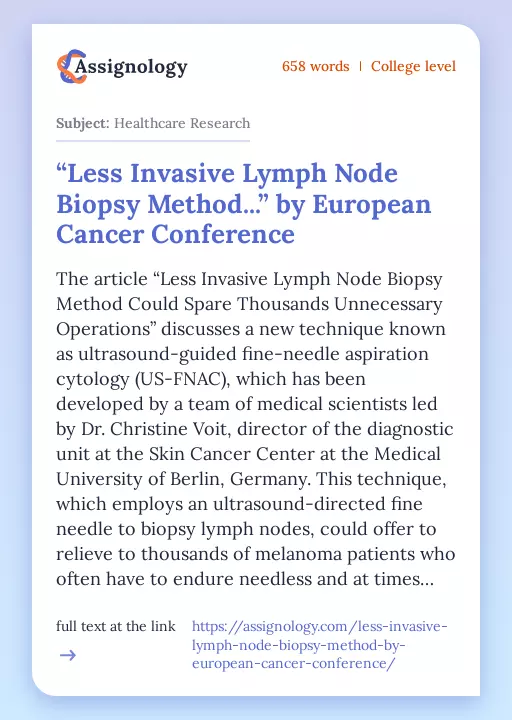 “Less Invasive Lymph Node Biopsy Method...” by European Cancer Conference - Essay Preview
