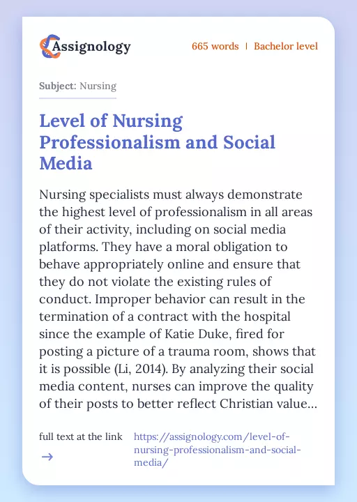 Level of Nursing Professionalism and Social Media - Essay Preview