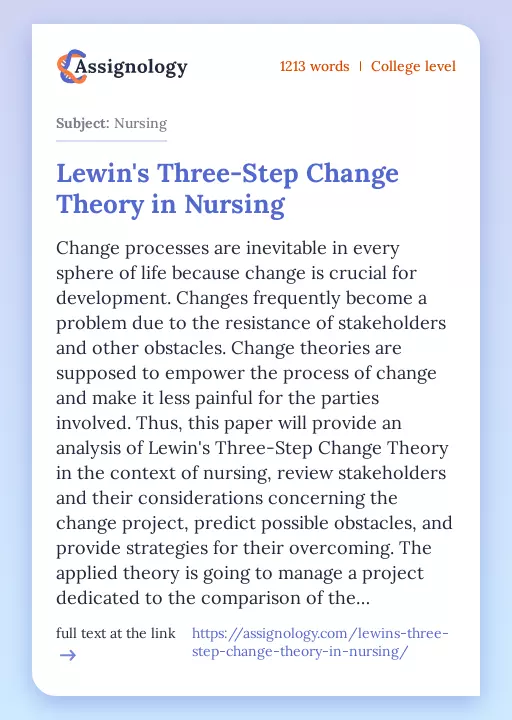 Lewin's Three-Step Change Theory in Nursing - Essay Preview