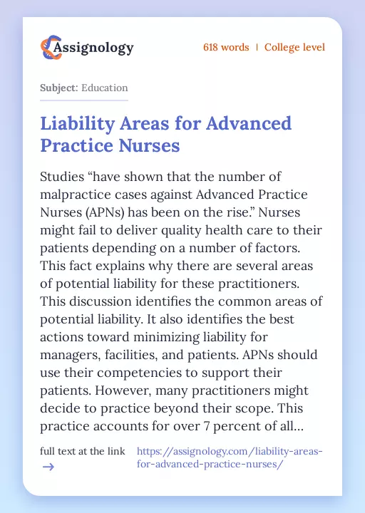 Liability Areas for Advanced Practice Nurses - Essay Preview