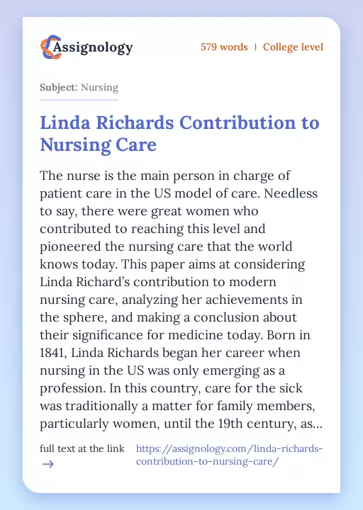 Linda Richards Contribution to Nursing Care - Essay Preview