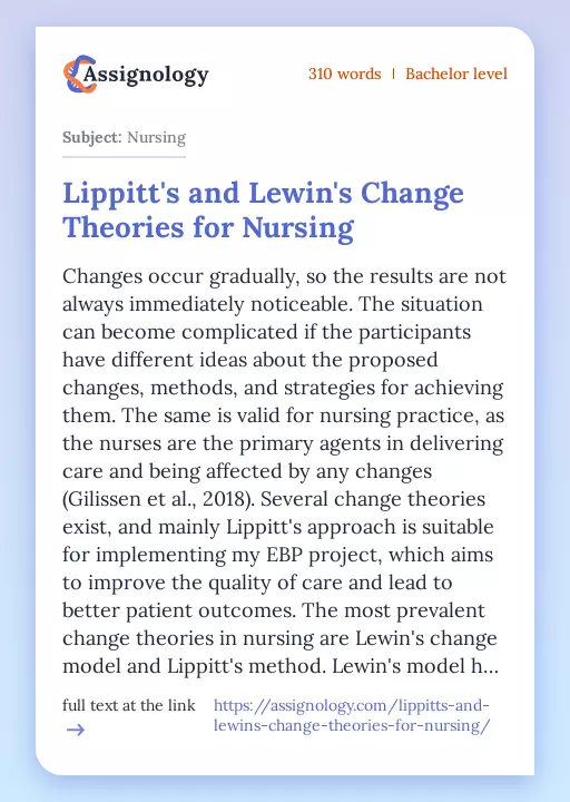 Lippitt's and Lewin's Change Theories for Nursing - Essay Preview