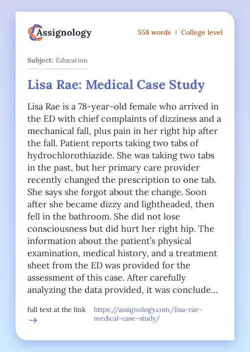 Lisa Rae: Medical Case Study - Essay Preview