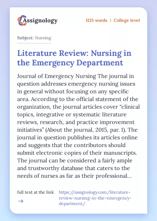 Literature Review: Nursing in the Emergency Department - Essay Preview
