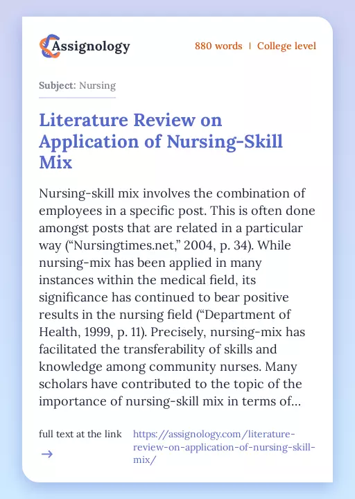 Literature Review on Application of Nursing-Skill Mix - Essay Preview