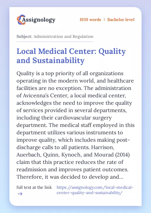 Local Medical Center: Quality and Sustainability - Essay Preview