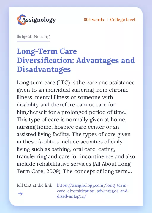 Long-Term Care Diversification: Advantages and Disadvantages - Essay Preview