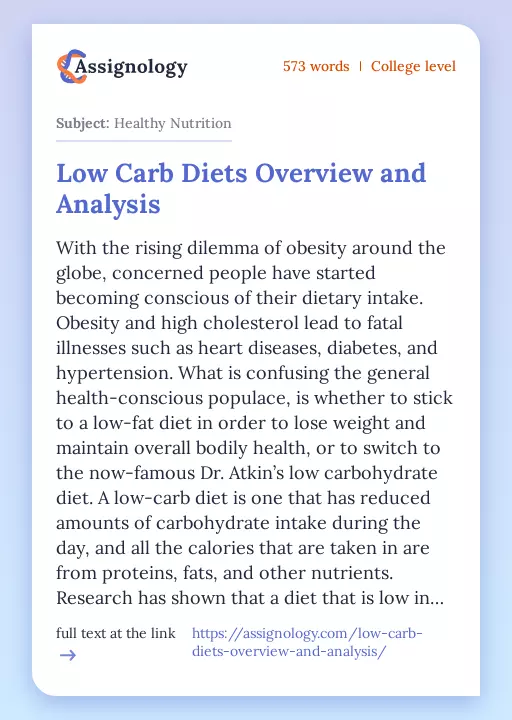 Low Carb Diets Overview and Analysis - Essay Preview