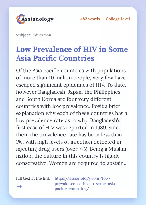 Low Prevalence of HIV in Some Asia Pacific Countries - Essay Preview
