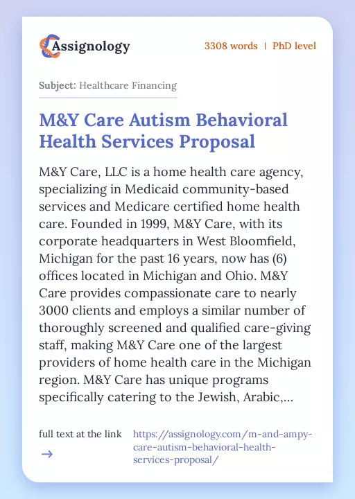 M&Y Care Autism Behavioral Health Services Proposal - Essay Preview