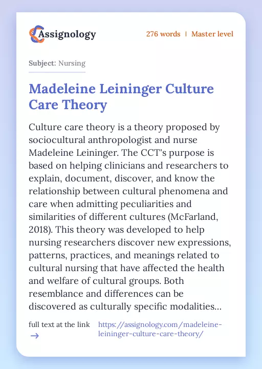 Madeleine Leininger Culture Care Theory - Essay Preview