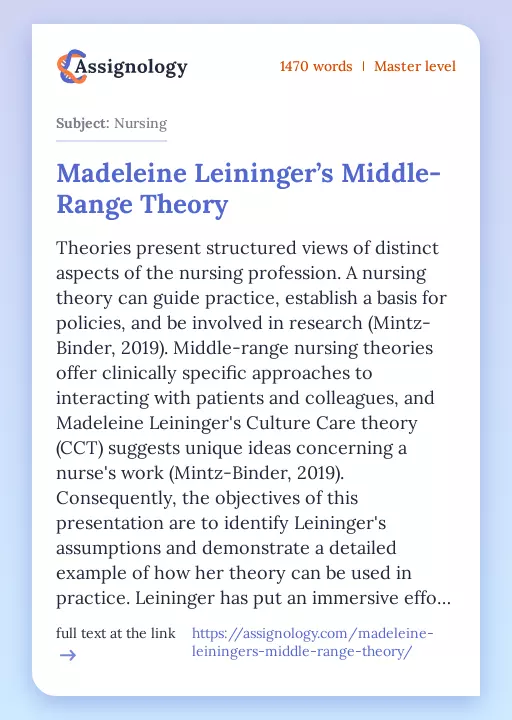 Madeleine Leininger’s Middle-Range Theory - Essay Preview