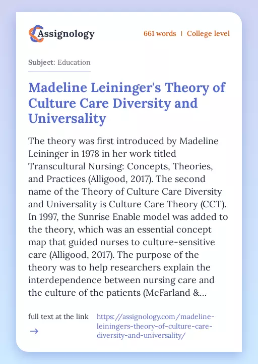 Madeline Leininger's Theory of Culture Care Diversity and Universality - Essay Preview