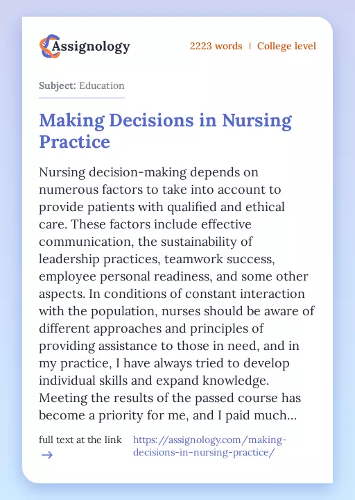 Making Decisions in Nursing Practice - Essay Preview