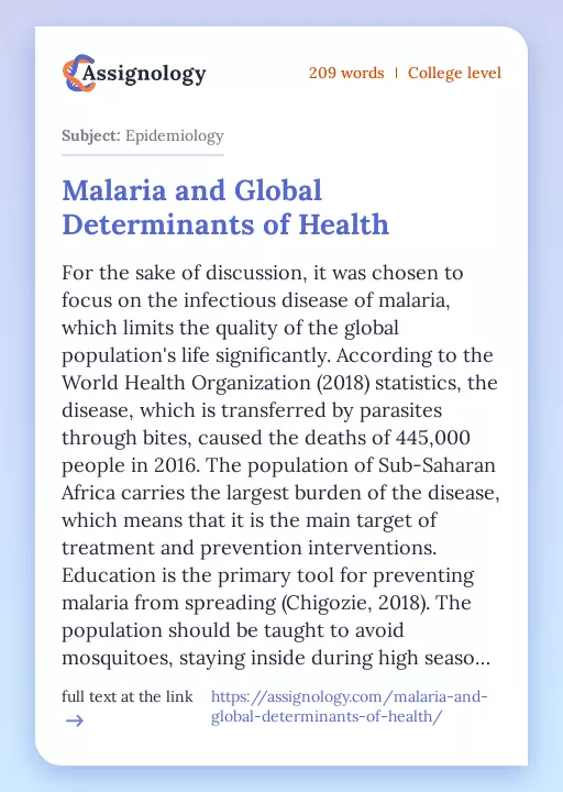 Malaria and Global Determinants of Health - Essay Preview