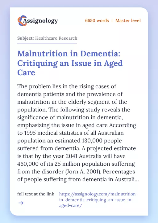 Malnutrition in Dementia: Critiquing an Issue in Aged Care - Essay Preview