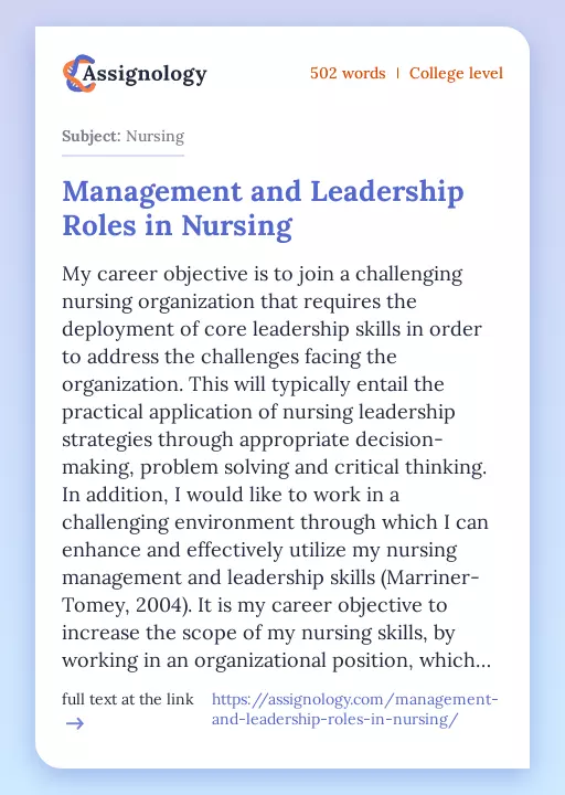 Management and Leadership Roles in Nursing - Essay Preview