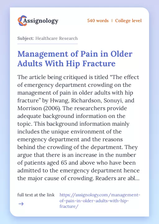 Management of Pain in Older Adults With Hip Fracture - Essay Preview