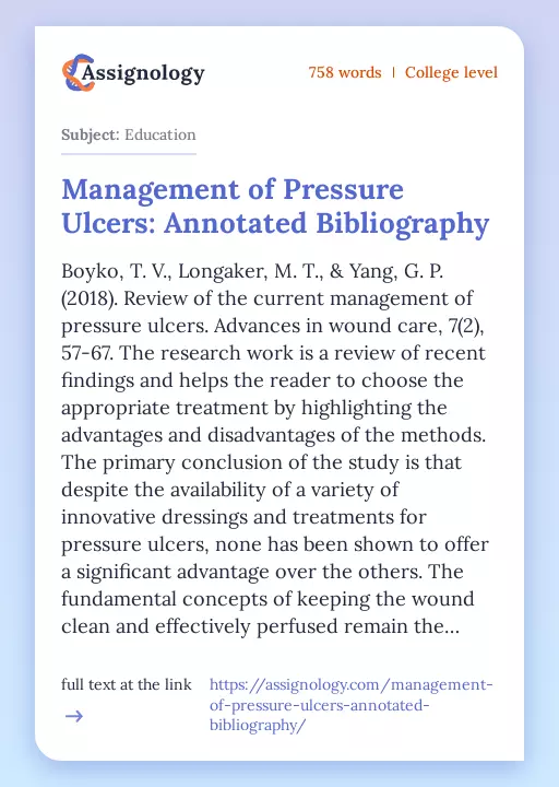 Management of Pressure Ulcers: Annotated Bibliography - Essay Preview