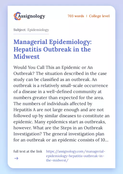 Managerial Epidemiology: Hepatitis Outbreak in the Midwest - Essay Preview