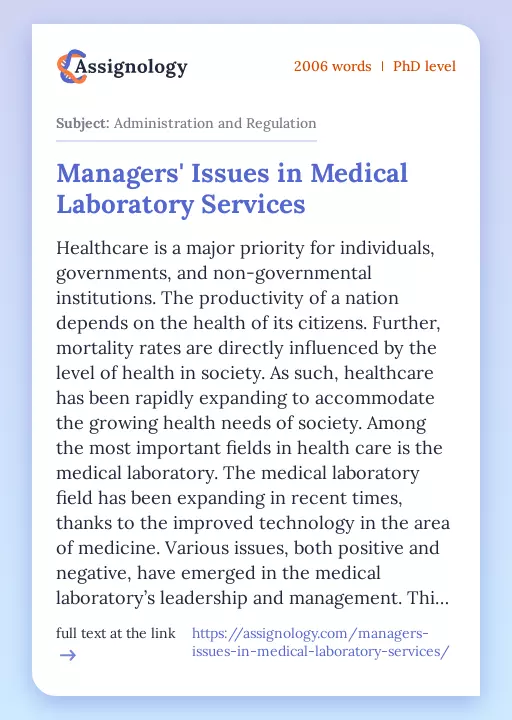Managers' Issues in Medical Laboratory Services - Essay Preview