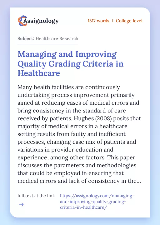 Managing and Improving Quality Grading Criteria in Healthcare - Essay Preview
