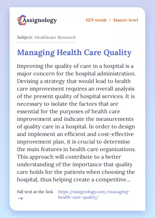 Managing Health Care Quality - Essay Preview