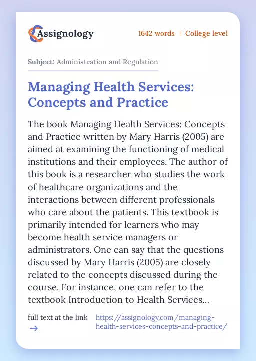 Managing Health Services: Concepts and Practice - Essay Preview