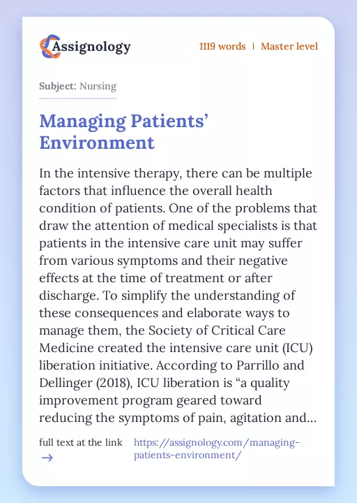 Managing Patients’ Environment - Essay Preview